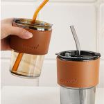 KriVat Glass Tumbler Cup with Lid and Silicon Straw, Leather Sleeve, Glass Coffee Mugs for Straw and Direct Drinking Mouth Dual Use, Summer Travel Essential Glass Bottles (Amber & Black)