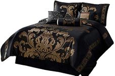 Chezmoi Collection 7-Piece Jacquard Floral Comforter Set, California King, Black/Gold