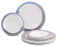 " OCCASIONS " 50 Plates Pack (25 Guests)-Heavyweight Wedding Party Disposable Plastic Plate Set -25 x 10.5'' Dinner + 25 x 7.5'' Salad/dessert plates (Louvre in White w/Blue & Gold)