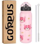 GOPPUS Kids Water Bottle with Straw Lid 20 oz Cat Printing Double Walled Metal Insulated Stainless Steel Sports Water Bottles Leak Proof with Strap Handle for Boys Girls School(Pink Cat 1 Lid)