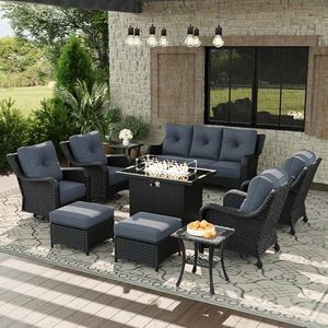 Aeeiua 10 Piece Patio Furniture Set with Fire Pit Table, All-Weather Wicker Outdoor Conversation Set with Swivel Rocking Chair and 6 Inch Thick Cushions