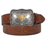 JASGOOD Western Leather Belt for Men Embossed Cowboy Cowgirl Leather Belt for Jeans Pants with Longhorn Bull Buckle