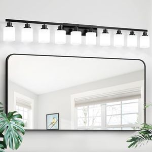 DIKAIDA 10-Light Bathroom Vanity Light,Modern Matte Black Bathroom Light Fixtures with Square Frosted Glass,64.5in Wall Sconces Over Mirror Restroom,Living Room Hallway E26