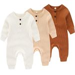 Newborn Baby Boys Girls One Piece Romper With Mitten Cuffs 3 Pack Long Sleeve Ribbed Button Jumpsuit Outfit Clothes white+apricot+tan 3 months