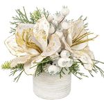 Briful Christmas Tree Decorations, Small Artificial Potted Christmas Arrangment in Gold Pot with White Pine Snowy and Magnolia Xmas Flowers for Centrepieces Table Window Console Countertop Décor