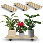 Sharpex Pack of 4 Wooden Trolley for Plants, Flower Pots | Heavy Duty Rolling Plant Stand with Locking Wheels | Rectangle Plant Roller Base for Indoor Patio Outdoor Potted Planter (Brown)
