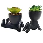 2 Pack Cute Fake Succulent Plants, Small Artificial Plants with Black Human Shaped Ceramic Pots, Mini Artificial Plant Potted Succulents for Desk Office Shelf Home Bedroom Bathroom Decor