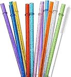 ALINK 12-Pack Glitter Reusable Clear Plastic Straws, 11" Long Hard Tumbler Drinking Straws with Cleaning Brush