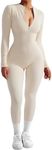 SUUKSESS Women Long Sleeve Ribbed Jumpsuit Sexy Zip up Front Workout One Piece Bodycon Jumpsuit Romper (Beige,M)