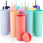 STRATA CUPS Multicolor Skinny Tumblers with Lids and Straws (12 Pack) - 16oz Double Wall Acrylic Tumbler, Tall Matte Skinny Tumblers, Bulk with Free Straw Cleaner, Reusable Cups