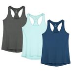 icyzone Workout Tank Tops for Women - Racerback Athletic Yoga Tops, Running Exercise Gym Shirts(Pack of 3) (Dark Grey/True Navy/Aqua, L)