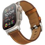 UUPWPOKT Compatible with Apple Watch Ultra 2 / Ultra Band 49mm 46mm 45mm 44mm 42mm-Series 3/2/1 Men, Genuine Leather Band Strap for iWatch Ultra Series 10 9 8 7 6 5 4 3 2 1 SE, Retro Brown/Titanium