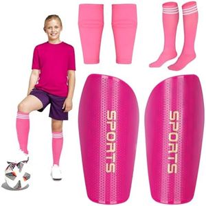 Soccer Shin Guards for Kids Youth Adults, Shin Pads Set with Shin Sleeves and Long Soccer Socks for Boys Girls Women, Lightweight Soccer Equipment (Rose Red, L)