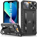 for iPhone 13 Mini Rugged Case: with Kickstand & Slide, 13mini Protective Cell Phone Cover Military Grade Drop Protection Durable Tough Hard | Shockproof Matte Textured TPU Bumper Design- Black