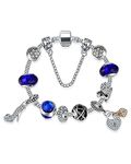 Young & Forever Gift Charismatic Charms Blue Murano Glass Crystal Bead Cubic Zirconia Sterling Silver Sandal Lock swan Charm Bracelets for Women/Girls Fashion Jewelry