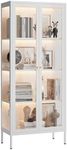 UNICOLY Display Cabinet with Glass Doors, Glass Display Cabinet with 3 Color LED Lights, Curio Display Cabinet with 3 Shelves for Living Room & Plant, Display Shelf, Assembly Required, White