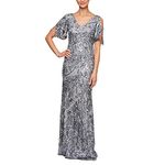 Alex Evenings Women's Sequin Stretch Lace Cold Shoulder Gown, Silver, 12