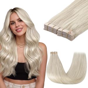 GOO GOO Tape in Hair Extensions Human Hair, 60A Platinum Blonde, 24inch 100g 40pcs, Thick Ends Straight Seamless Tape in, Invisible Tape in Hair Extensions Human Hair