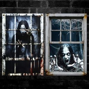 Yigney 2 Pcs Scary Halloween Window Decorations Female Ghost Window Door Cover Haunted Halloween Curtains Silhouette Decor for Outdoor Indoor (Female Ghost)