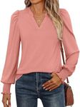 ANRABESS Women's Puff Long Sleeve Shirts V Neck Loose T-Shirts Dressy Casual Work Blouses 2024 Fall Tops Trendy Clothes Coral S