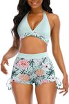 Womens High Waisted Swimsuits with Boy Shorts Brazilian Triangle Top Halter Bikini Sets Tummy Control Two Piece Bathing Suits Green Pineapple XXL