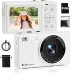 Upgrade Digital Camera, FHD 4K 44MP Autofocus Digital Point and Shoot YouTube Camera with 16X Zoom, 32GB SD Card, Compact Digital Camera Cheap for Teens Boys Girls Kids White