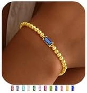 Yoosteel September Birthstone Bracelet for Women - Dainty Sapphire Blue Birthstone 14K-Gold-Plated Elastic Bead Bracelets Trendy Friendship Jewelry Gifts for Women
