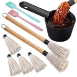 BBQ Mop Brush and BBQ Sauce Pan, 11-Piece Value Set, Includes Insulated cast Iron Sauce pan 2 Wooden Long Handles 6 Replacement Brushes, and 2 Silicone Brushes for Grilling All Types of Ingredients