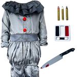 Childrens Kids Boys Grey Killer Clown Fancy Dress Costume and Knife Halloween Scary Horror Outfit (Large 10-12 years)