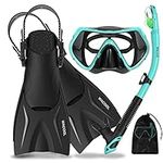 WACOOL Adults Child Teens Snorkeling Snorkel Scuba Diving Package Set Gear with Adjustable Short Swim Fins Anti-Fog Coated Glass Silicon Mouth Piece Purge Valve (Malachite Green/S-M)