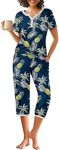 Ekouaer Womens Pajama Sets Short Sleeve Sleepwear Top and Capri Pants 2 Piece Loungewear With Pockets, Black Green/Plant Leaf, Medium