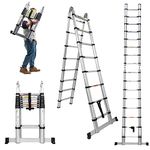 Aluminum Telescopic Extension Ladder 8.2FT A-Frame Ladder 2-in-1,Portable Multi-Purpose Folding Ladder with Balance Rod,8+8 Steps Adjustable Height,16.4FT in Straight Collapsible Ladder,330lbs Load