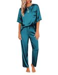 Ekouaer Womens Silk Pajamas Set Satin Pj Set Short Sleeve Top and Long Pant Pajama Set Two Piece Sleep Set Silky Sleepwear Nightwear Green