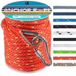 Anchor Rope 100 Ft, Premium Solid Braid MFP Anchor Line with 316 Stainless Steel Thimble, Boat Anchor Rope 3/8 Inch 100 Ft with Heavy Duty Snap Hook - Orange & Yellow