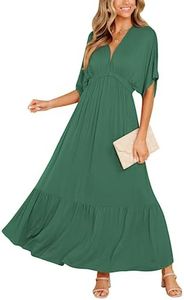 DEEP SELF Women’s Summer V Neck Batwing Short Sleeve Maxi Dress Casual Loose High Waist Flowy Long Beach Dress, Dark Green, Small