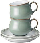 Denby - Regency Green Tea Cup and Saucer Set of 2-200ml Stoneware Ceramic Coffee Mug and Saucer Set - Tea Party Set - Dishwasher Safe, Microwave Safe - Green, White - Chip Resistant