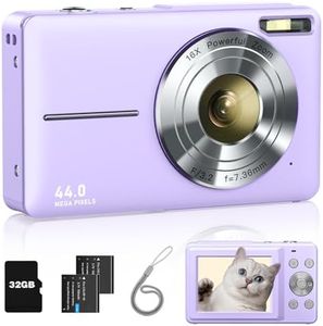 Digital Camera, FHD 1080P Kids Camera with 32GB Card, 2 Batteries, Lanyard, 44MP 16X Zoom Anti Shake, Compact Portable Point Shoot Mini Camera for Kids Teens Students Children Girls Boys(Purple)