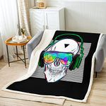 Music Skull Blanket Throw,White Stripes Sherpa Blanket for Kids Teens Boys Girls,Modern Fashion Punk Rock Headphones Skull Bed Blanket Warm and Plush Fleece Blanket Dorm Room Decor, 60"x80"