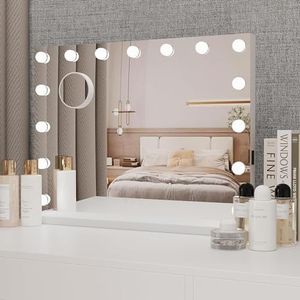 YOURLITE Miroir Maquillage Hollywood Miroir Lumineux Tactile 58x45CM, Température et Luminosité Variable, avec Petit Miroir Grossissant, 15 Ampoules LED, Port USB, Blanc