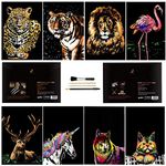 Scratch Painting, Scratch Art Rainbow Paper A4 for Adults and Kids,DIY Art Craft Night View Scratchboard with 4 Tools, 8 Pcs 11.6 X 8.3 Inches (Animal Series)