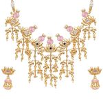 VOYLLA Festive Hues Brass Embellished Long Fusion Pink Necklace Set for women