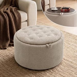 Tbfit Multi-Functional Round Storage Ottoman for Home - No-Assembly Footrest & Seat with Spacious Storage Plush Fabric Design for Living Room, Bedroom, Nursery (Khaki)