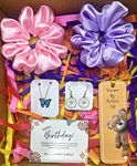 Birthday Gift Combo for Women and Girls 2 Hair Scrunchies, 1 Blue Butterfly Chain, 1 White Daisy Earring, 1 Bookmark, 1 Happy Birthday Card, Gift Combo