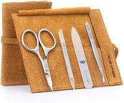 GERMANIKURE 4pc Mini Professional Manicure Set in Mustard Yellow Suede Case - FINOX Stainless Steel Tools Made in Solingen Germany, Glass Nail Care Supplies Made in Czech Republic