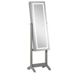 HOMCOM Jewelry Cabinet with LED Light, Lockable Jewelry Storage Organizer with Full-Length Mirror for Dressing Room, Grey