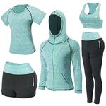 Nesyd Workout Sets for Women 5 Pieces Yoga Exercise Fitness Gym Outfits Running Athletic Clothes Tracksuits Activewear Set (Green, XL)