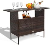 VINGLI Wicker Outdoor Bar Table with 2 Steel Shelves, Sets of Rails, Rattan Patio Storage for Backyard, Poolside, Garden