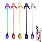 Cat Stainless Steel Dessert Spoon, 5 Pieces Cat Coffee Spoon, Stainless Steel Coffee Spoon Cat, Cat Dessert Spoon, Long Handle Spoon, for Tea Coffee Dessert Milkshake, Kitchen Gadget (5 Colors)