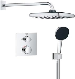 GROHE Precision Cube - Concealed Shower System with 2 Outlets Thermostat (25 cm Cube Head Shower 1 Spray, 11 cm Cube Hand Shower 2 Sprays, Shower Hose 1.5 m, Square Trim), Chrome, 34882000