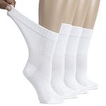 HUGH UGOLI Women's Cotton Diabetic Crew Socks, Wide, Thin, Loose Fit and Stretchy, Seamless Toe & Non-Binding Top, 4 Pairs, White, Shoe Size: 9-12